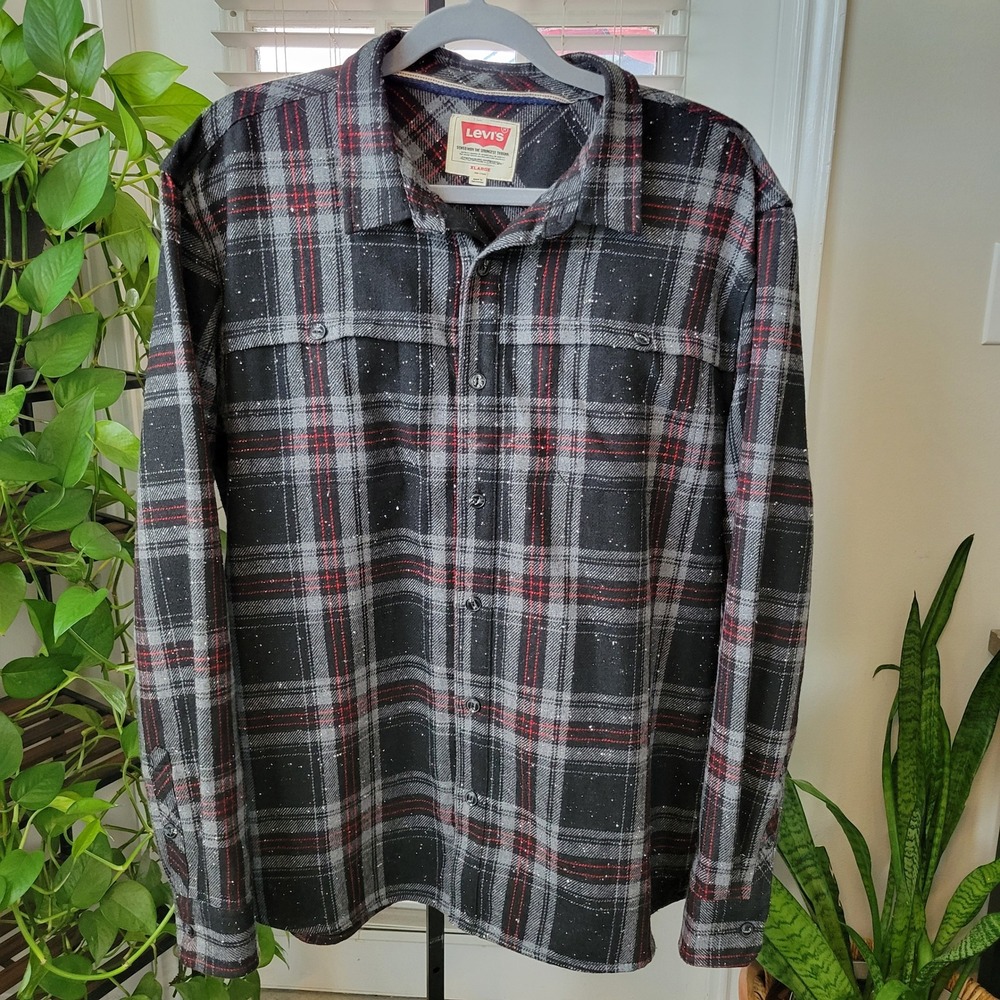 Levis Mens XL Plaid Wool Blend Speckled Flannel Shirt Black Red